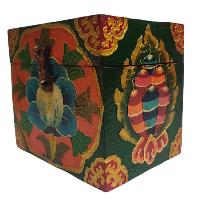 [traditional Tibetan], Wooden Square Box, [blue And Orange Color Lotus Painted]