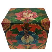 [traditional Tibetan], Wooden Square Box, [blue And Orange Color Lotus Painted]