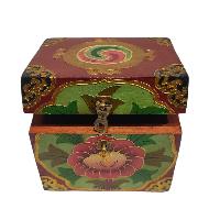 [traditional Tibetan], Wooden Square Box, [green Color Lotus Painted]