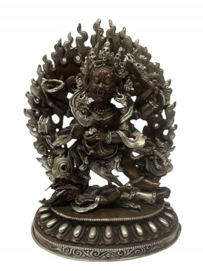 Buddhist Statue Miniature Statue Of, Black Mahakala, [silver And Chocolate Oxidized]