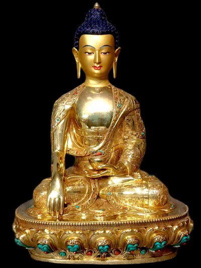 Buddhist Statue Of Shakyamuni Buddha. [full Gold Plated, Stone Setting, Face Painted]