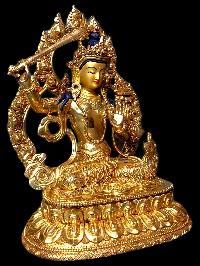 Buddhist Statue Of Manjushri. [full Gold Plated, Stone Setting, Face Painted]