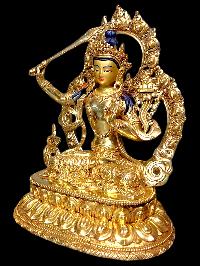 Buddhist Statue Of Manjushri. [full Gold Plated, Stone Setting, Face Painted]