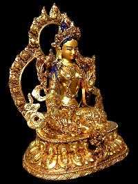 Buddhist Statue Of Green Tara. [full Gold Plated, Stone Setting, Face Painted]