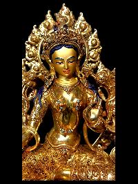 Buddhist Statue Of Green Tara. [full Gold Plated, Stone Setting, Face Painted]