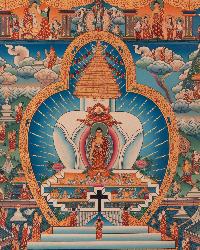 [old], [master Quality],tibetan Thangka Of Shakyamuni Buddha Stupa With Buddha Life History, [real Gold], Natural Traditional Color [rare Find]