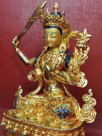 Buddhist Statue Of Manjushri, [full Gold Plated, Stone Setting, Face Painted]