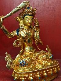 Buddhist Statue Of Manjushri, [full Gold Plated, Stone Setting, Face Painted]