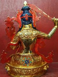 Buddhist Statue Of Manjushri, [full Gold Plated, Stone Setting, Face Painted]