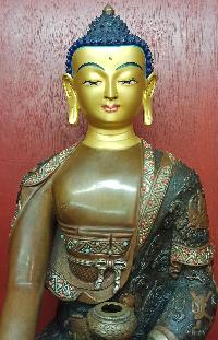 Buddhist Statue Of Shakyamuni Buddha, [chocolate And Silver Oxidized, Face Painted]