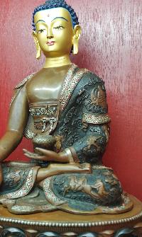 Buddhist Statue Of Shakyamuni Buddha, [chocolate And Silver Oxidized, Face Painted]