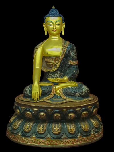 Buddhist Statue Of Shakyamuni Buddha, [partly Gold Plated, Double Color Oxidized, Face Painted]