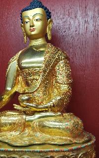 Buddhist Statue Of Shakyamuni Buddha, [full Gold Plated, Stone Setting, Face Painted]