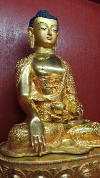 Buddhist Statue Of Shakyamuni Buddha, [full Gold Plated, Stone Setting, Face Painted]