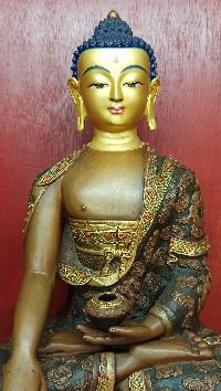 Buddhist Statue Of Shakyamuni Buddha, [chocolate Oxidized, Stone Setting, Face Painted]