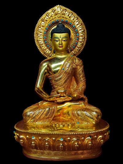 Buddhist Statue Of Amitabha Buddha, [full Gold Plated, Stone Setting, Face Painted]