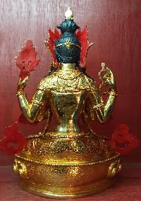 Buddhist Statue Of Chenrezig, [full Gold Plated, Stone Setting, Face Painted]