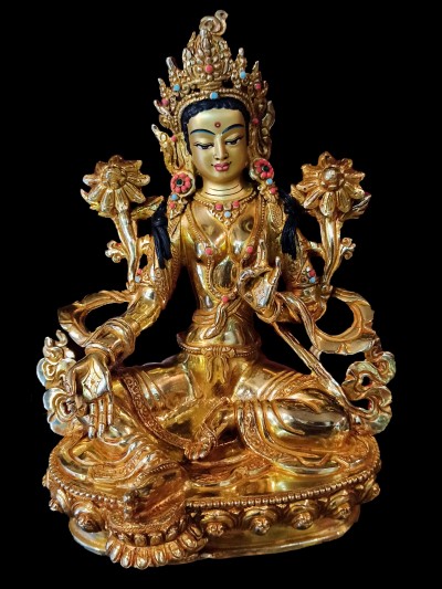 Buddhist Statue Of Green Tara, [full Gold Plated, Stone Setting, Face Painted]