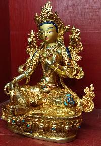 Buddhist Statue Of Green Tara, [full Gold Plated,stone Setting, Face Painted]