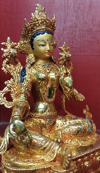 Buddhist Statue Of Green Tara, [full Gold Plated,stone Setting, Face Painted]