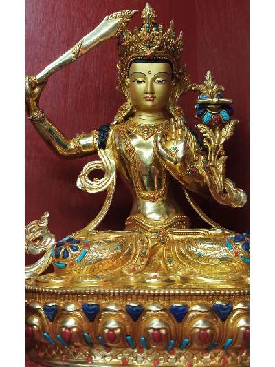 Buddhist Statue Of Manjushri, Manjushree [full Gold Plated, Stone Setting, Face Painted]