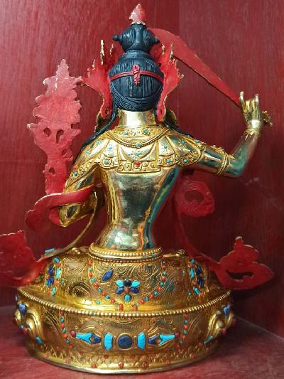 Buddhist Statue Of Manjushri, Manjushree [full Gold Plated, Stone Setting, Face Painted]