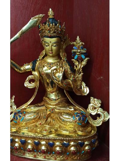 Buddhist Statue Of Manjushri, Manjushree [full Gold Plated, Stone Setting, Face Painted]