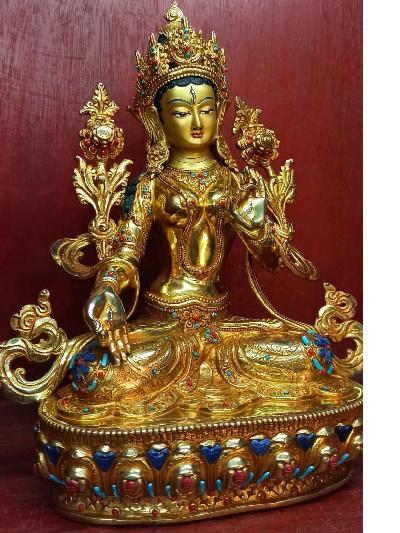 Buddhist Statue Of White Tara, [full Gold Plated, Stone Setting, Face Painted]