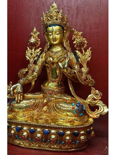 Buddhist Statue Of White Tara, [full Gold Plated, Stone Setting, Face Painted]