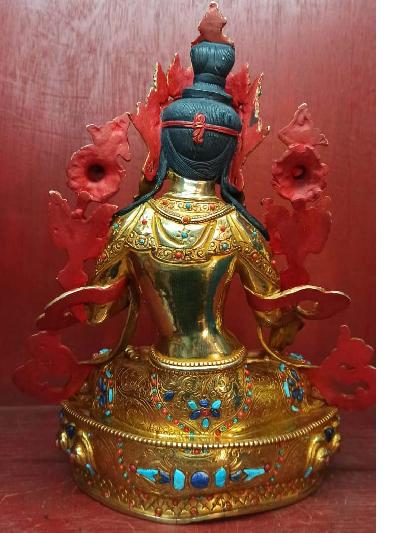 Buddhist Statue Of White Tara, [full Gold Plated, Stone Setting, Face Painted]