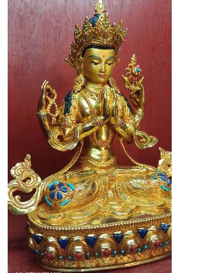 Buddhist Statue Of Chenrezig, Kharcheri, Avalokiteshvara, [full Gold Plated, Stone Setting, Face Painted]