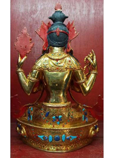 Buddhist Statue Of Chenrezig, Kharcheri, Avalokiteshvara, [full Gold Plated, Stone Setting, Face Painted]