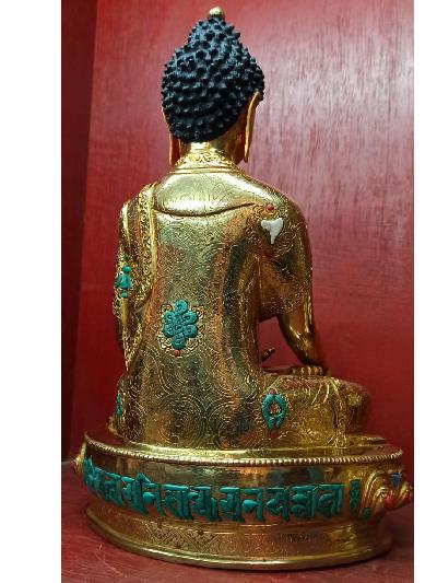 Buddhist Statue Of Shakyamuni Buddha, [full Gold Plated, Stone Setting, Face Painted]