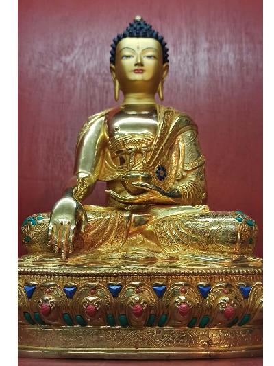 Buddhist Statue Of Shakyamuni Buddha, [full Gold Plated, Stone Setting, Face Painted]