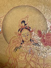 Tibetan Buddhist Thangka Of [green Tara], Real 24k Gold, [hand Painted]