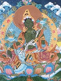 Tibetan Buddhist Thangka Painting Of Green Tara, [wooden Frame]