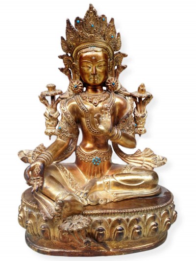 [original] Buddhist Statue Of Green Tara, [full Gold Plated, Stone Setting]