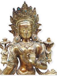 [original] Buddhist Statue Of Green Tara, [full Gold Plated, Stone Setting]