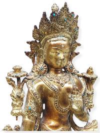 [original] Buddhist Statue Of Green Tara, [full Gold Plated, Stone Setting]