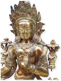 [original] Buddhist Statue Of Green Tara, [full Gold Plated, Stone Setting]