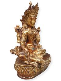 [original] Buddhist Statue Of Green Tara, [full Gold Plated, Stone Setting]