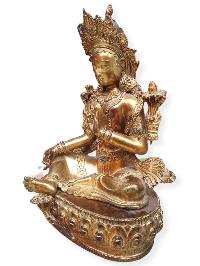 [original] Buddhist Statue Of Green Tara, [full Gold Plated, Stone Setting]