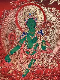 Tibetan Buddhist Thangka Of Green Tara, Real 24k Gold, [hand Painted]