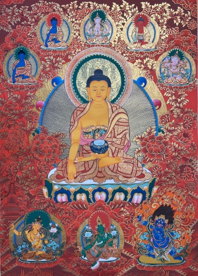 Tibetan Buddhist Thangka Of Shakyamuni Buddha, Real 24k Gold, [hand Painted]