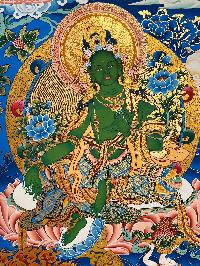 Tibetan Buddhist Thangka Of Green Tara, Real 24k Gold, [hand Painted]