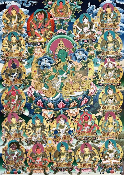 Tibetan Buddhist Thangka Of Green Tara, Real 24k Gold, [hand Painted]