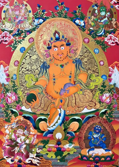 Tibetan Buddhist Thangka Of Yellow Jambhala, Real 24k Gold, [hand Painted]