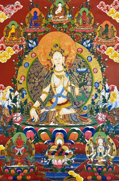 Tibetan Buddhist Thangka Of White Tara, Real 24k Gold, [hand Painted] Three Long Life Deities
