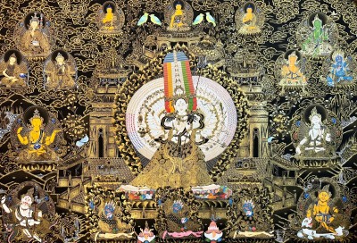Tibetan Buddhist Thangka Of Sahasrabhuja Avalokitesvara, Real 24k Gold, [hand Painted]