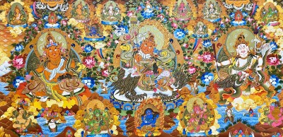 Tibetan Buddhist Thangka Of Namtose Jambhala, Real 24k Gold, [hand Painted]